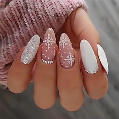 Christmas Press on Nails Medium Almond Fake Nails Snowflake False Nails with Rhinestone Designs Silver Glitter Glossy Glue on Nails Pink Full Cover Stiletto Acrylic Nails for Women 24Pcs Lightinthebox