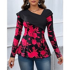 Women's Shirt Blouse Floral Pink Red Blue Print Dressy Tunic Long Sleeve Casual Holiday Fashion V Neck Regular Fit Spring   Fall Lightinthebox