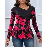 Women's Shirt Blouse Floral Pink Red Blue Print Dressy Tunic Long Sleeve Casual Holiday Fashion V Neck Regular Fit Spring   Fall Lightinthebox - thumbnail