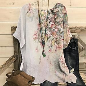 Women's Blouse Red Sky Blue Purple Floral Print Short Sleeve Daily Sports Streetwear Festival Crew Neck Regular Plus Size L miniinthebox