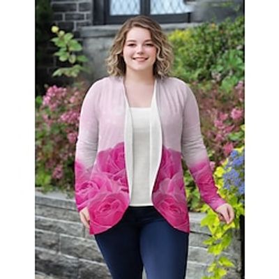 Women's Plus Size Open Front Jacket Casual Spring Jacket Print Floral Simple Loose Fit Outerwear Long Sleeve Summer Lightinthebox