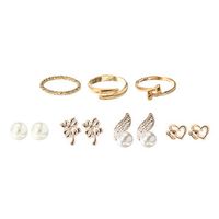 Gold Rings Pearls Earrings Set