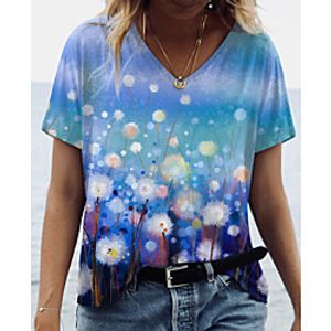 Women's Floral Theme Painting T shirt Floral Graphic Print V Neck Basic Tops Blue miniinthebox