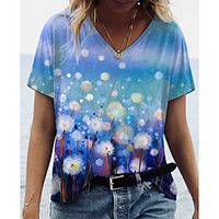 Women's Floral Theme Painting T shirt Floral Graphic Print V Neck Basic Tops Blue miniinthebox - thumbnail