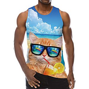 Men's Tank Top Undershirt 3D Print Cat 3D Print Sleeveless Daily Tops Casual Beach Blue miniinthebox