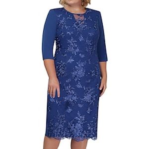 Women's Shift Dress Knee Length Dress Blue Dark Blue Red 34 Length Sleeve Solid Color Lace Spring Summer Crew Neck Elegant 2022 S M L XL XXL 3XL 4XL 5XL  Party Dress Lightinthebox