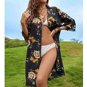 Women's Swimwear Cover Up Beach Top Plus Size Swimsuit UV Protection Printing Floral Print Black Bathing Suits Sports Vacation Holiday miniinthebox