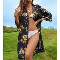 Women's Swimwear Cover Up Beach Top Plus Size Swimsuit UV Protection Printing Floral Print Black Bathing Suits Sports Vacation Holiday miniinthebox - thumbnail