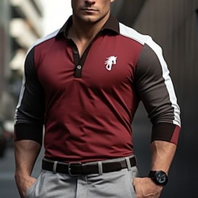 Men's Polo Shirt Button Up Polos Casual Sports Lapel Long Sleeve Fashion Basic Color Block Patchwork Embroidered Spring   Fall Regular Fit Red Polo Shirt Lightinthebox