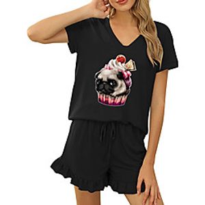 Women Basic Streetwear Animal Vacation Casual  Daily Two Piece Set Tracksuit T shirt Loungewear Shorts Drawstring Ruffle Print Tops Lightinthebox