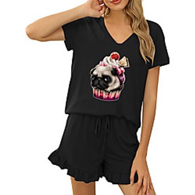 Women Basic Streetwear Animal Vacation Casual  Daily Two Piece Set Tracksuit T shirt Loungewear Shorts Drawstring Ruffle Print Tops Lightinthebox