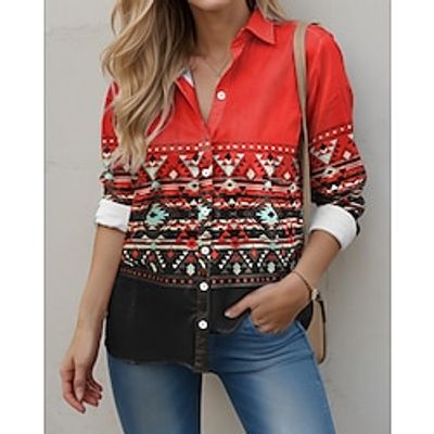 Women's Shirt Blouse Tribal Black Red Brown Print Button Long Sleeve Casual Ethnic Shirt Collar Regular Fit Spring   Fall Lightinthebox