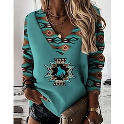 Women's T shirt Tee Green Blue Light Blue Geometric Print Long Sleeve Daily Weekend Ethnic V Neck Regular Geometric Painting S Lightinthebox