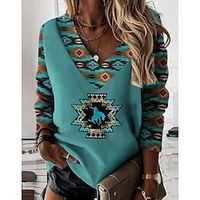 Women's T shirt Tee Green Blue Light Blue Geometric Print Long Sleeve Daily Weekend Ethnic V Neck Regular Geometric Painting S Lightinthebox - thumbnail