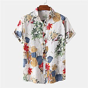 Men's Shirt Floral Button-Down Short Sleeve Casual Tops Cotton Casual Fashion Breathable Comfortable White Lightinthebox