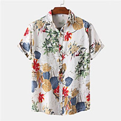 Men's Shirt Floral Button-Down Short Sleeve Casual Tops Cotton Casual Fashion Breathable Comfortable White Lightinthebox