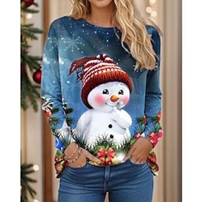 Christmas Shirt Women's T shirt Tee Snowman Blue Print Long Sleeve Christmas Weekend Festival  Holiday Round Neck Regular Fit Spring   Fall Lightinthebox