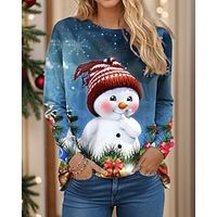 Christmas Shirt Women's T shirt Tee Snowman Blue Print Long Sleeve Christmas Weekend Festival  Holiday Round Neck Regular Fit Spring   Fall Lightinthebox - thumbnail