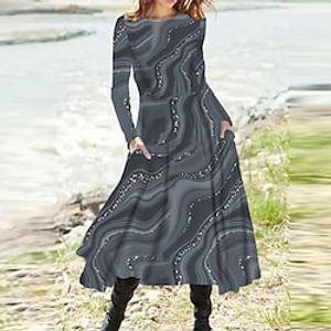 Women's A Line Dress Midi Dress Green Blue Gray Long Sleeve Color Gradient Pocket Print Fall Spring Round Neck Casual Vacation 2022 S M L XL XXL 3XL Lightinthebox