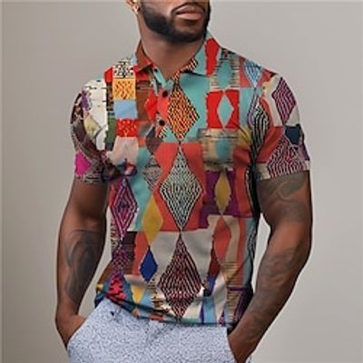 Geometry Ethnic Men's Vintage Print 3D Outdoor Daily Wear Streetwear Polyester Short Sleeve Turndown Polo Shirts Yellow Red Spring  Summer S M L Micro-elastic Lapel Polo Lightinthebox