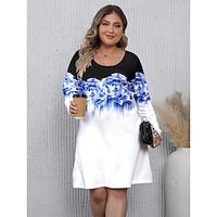 Women's Plus Size Curve Casual Dress A Line Dress Floral Dress Floral Mini Dress Long Sleeve Print Crew Neck Fashion Outdoor Blue Purple Fall Winter S M L XL XXL Lightinthebox - thumbnail
