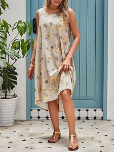 Ladies Dandelion Print Round Neck Sleeveless Dress