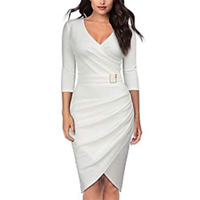 Women's Sheath Dress Knee Length Dress Green White Black Wine Red Navy Blue 3/4 Length Sleeve Pure Color Ruched Spring Summer V Neck Stylish Work Basic 2022 S M L XL XXL 3XL miniinthebox