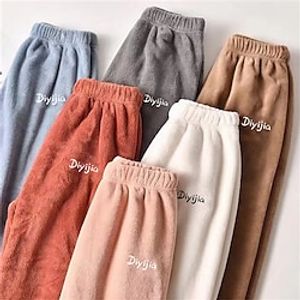 Women's Loungewear Pants Letter Plush Casual Comfort Home Daily Vacation Coral Fleece Coral Velvet Warm Pant Elastic Waist Fall Winter White Pink miniinthebox
