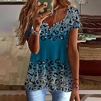 Women's T shirt Tee Pink Blue Purple Leopard Print Short Sleeve Daily Weekend Tunic Basic V Neck Regular Painting S miniinthebox - thumbnail