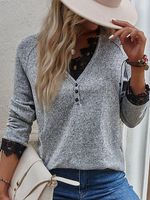 Casual V Neck Solid Color Long Sleeve Sweater