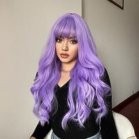 Purple Body Wave Synthetic Wigs With Bangs For Women Long Curly Hair For Cosplay Girls And Women Party Or Daily Use Wig Lightinthebox - thumbnail