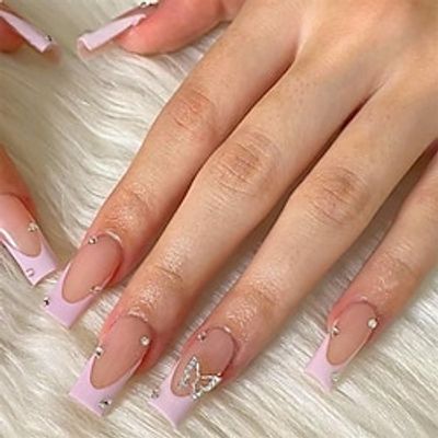 Pink French Tip Press on Nails Long Square Fake Nails Full Cover Nude with Butterfly Charm False Nails with Butterfly Rhinestones Design Nails Reusable Artificail Nails Salon Acrylic Glue on Nails Lightinthebox