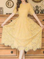 2020 Fall New French Retro Round Neck Short Sleeve Mid-Waist Thin Yellow Lace Midi Skirt Dress