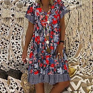 Women's Shift Dress Knee Length Dress Yellow Gray Red Short Sleeve Floral Print Summer V Neck Casual 2021 S M L XL XXL 3XL 4XL 5XL Lightinthebox