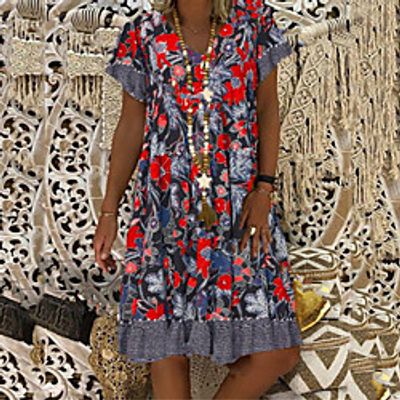 Women's Shift Dress Knee Length Dress Yellow Gray Red Short Sleeve Floral Print Summer V Neck Casual 2021 S M L XL XXL 3XL 4XL 5XL Lightinthebox