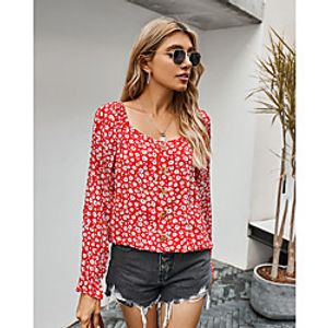 Women's Floral Theme Blouse Peasant Blouse Shirt Floral Long Sleeve Button Print Square Neck Casual Streetwear Tops Yellow Green Red miniinthebox