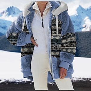 Women's Zip Hoodie Sweatshirt Fleece Jacket Fleece Teddy Ethnic Fuzzy Drawstring Zip Up Print Black White Blue Tribal Loose Fit Casual Sports Hoodie Long Sleeve Top Micro-elastic Winter Lightinthebox