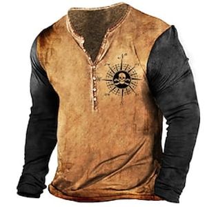 Men's T shirt Tee Henley Shirt Tee Graphic Color Block Skull Henley Brown 3D Print Plus Size Outdoor Daily Long Sleeve Button-Down Print Clothing Apparel Basic Classic Comfortable Big and Tall Lightinthebox