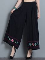 Loose Women Embroidery Elastic Waist Pockets Wide Leg Pants