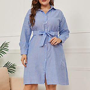 Women's Plus Size Dress A Line Dress Knee Length Dress Long Sleeve Striped Print Casual Fall Summer Blue L XL XXL 3XL 4XL Lightinthebox