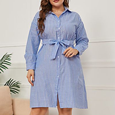 Women's Plus Size Dress A Line Dress Knee Length Dress Long Sleeve Striped Print Casual Fall Summer Blue L XL XXL 3XL 4XL Lightinthebox