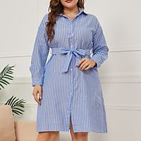 Women's Plus Size Dress A Line Dress Knee Length Dress Long Sleeve Striped Print Casual Fall Summer Blue L XL XXL 3XL 4XL Lightinthebox - thumbnail