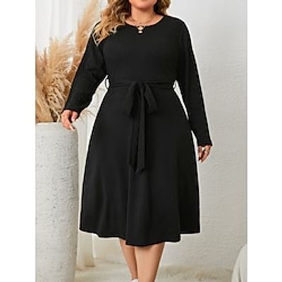 Women's Plus Size Curve Black Dress Sweater Dress Casual Dress Plain Midi Dress Long Sleeve Lace up Crew Neck Fashion Outdoor Black Fall Winter XL 2XL 3XL 4XL Lightinthebox