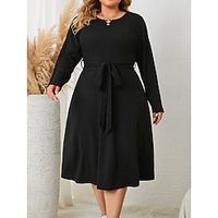 Women's Plus Size Curve Black Dress Sweater Dress Casual Dress Plain Midi Dress Long Sleeve Lace up Crew Neck Fashion Outdoor Black Fall Winter XL 2XL 3XL 4XL Lightinthebox - thumbnail