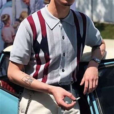 Men's Shirt Striped Turndown Dusty Blue Short Sleeve Print Daily Holiday Button-Down Tops Simple Casual Chunky Comfortable miniinthebox