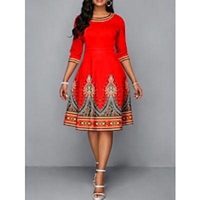 Women's Work Dress A Line Dress Fashion Office Daily Midi Dress Print Crew Neck Half Sleeve Print Regular Fit Black Yellow Red Fall Winter S M L XL XXL Lightinthebox