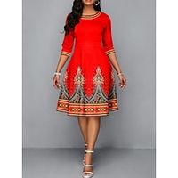 Women's Work Dress A Line Dress Fashion Office Daily Midi Dress Print Crew Neck Half Sleeve Print Regular Fit Black Yellow Red Fall Winter S M L XL XXL Lightinthebox - thumbnail