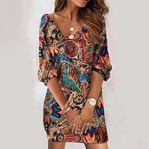 Women's Sweatshirt Dress Winter Dress Blue 3/4 Length Sleeve Floral Print Winter Fall V Neck Vacation Vintage Casual Loose Fit 2022 S M L XL XXL 3XL miniinthebox