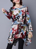 Chinese Style Floral Printed Long Sleeves Irregular Hem T-shirts