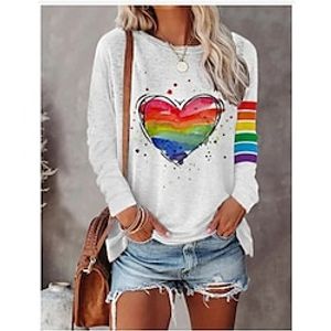 Women's T shirt Tee Floral Plaid Heart White Red Blue Print Long Sleeve Valentine's Day Casual Going out Fashion Round Neck Regular Fit Spring   Fall Lightinthebox